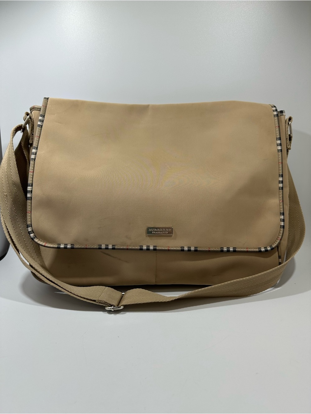 Burberry Fragrance Messenger Bag Tan Beige Plaid Trim Crossbody Adjustable